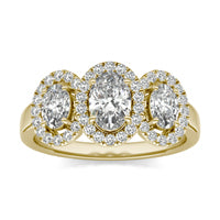 1 1/4 CTW Oval Caydia Lab Grown Diamond Three Stone Halo Ring 14K Yellow Gold