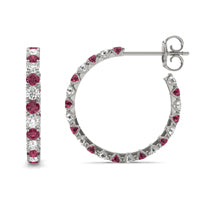 7/8 CTW Round Caydia Lab Grown Diamond Alternating Hoop Earrings 14K White Gold featuring Created Ruby