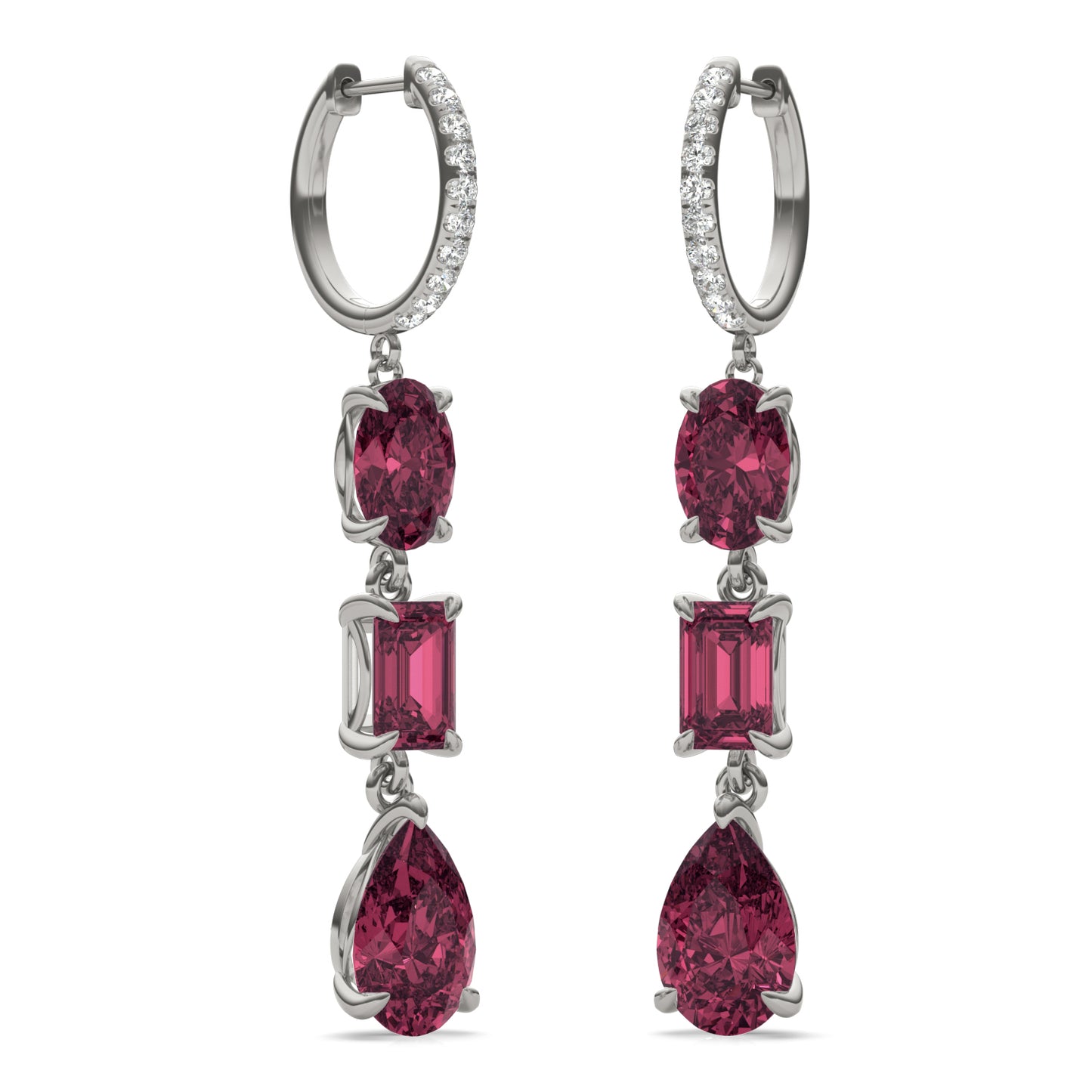 1/5 CTW Round Caydia Lab Grown Diamond Huggie Three Stone Drop Earrings 14K White Gold featuring Created Ruby