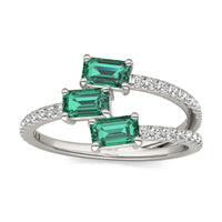 2/5 CTW Round Caydia Lab Grown Diamond Three Stone Fashion Ring 14K White Gold featuring Created Emerald