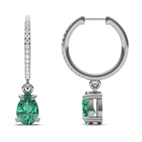 1/15 CTW Round Caydia Lab Grown Diamond Huggie Drop Earrings 14K White Gold featuring Created Emerald