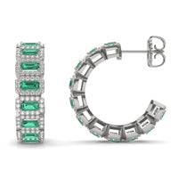 1 1/2 CTW Round Caydia Lab Grown Diamond Halo Hoop Earrings 14K White Gold featuring Created Emerald