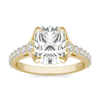 2.81 CTW DEW Elongated Cushion Forever One Moissanite Cathedral Solitaire with Side Accents Ring 14K Yellow Gold