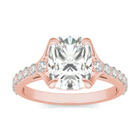 2.81 CTW DEW Elongated Cushion Forever One Moissanite Cathedral Solitaire with Side Accents Ring 14K Rose Gold