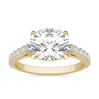 3.01 CTW DEW Elongated Oval Forever One Moissanite Cathedral East-West Solitaire with Side Accents Ring 14K Yellow Gold