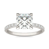 2.42 CTW DEW Cushion Forever One Moissanite Classic Solitaire with Side Accents Ring 14K White Gold