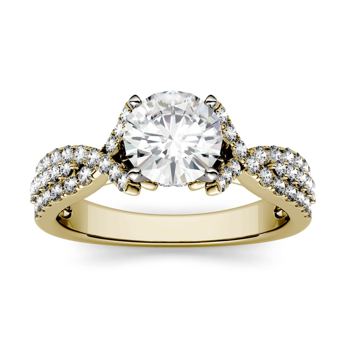 1.56 CTW DEW Round Forever One Moissanite Triple Row Solitaire with Side Accents Ring in 14K Yellow Gold
