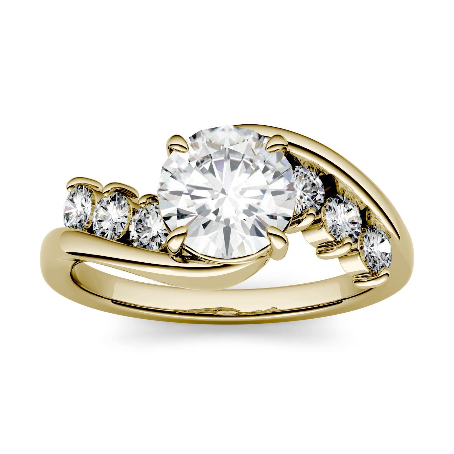 1.38 CTW DEW Round Forever One Moissanite Solitaire Bypass with Side Accents Engagement Ring in 14K Yellow Gold