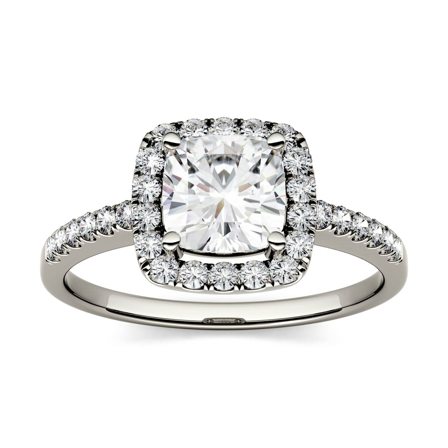 1.40 CTW DEW Cushion Forever One Moissanite Halo Engagement Ring in 14K White Gold