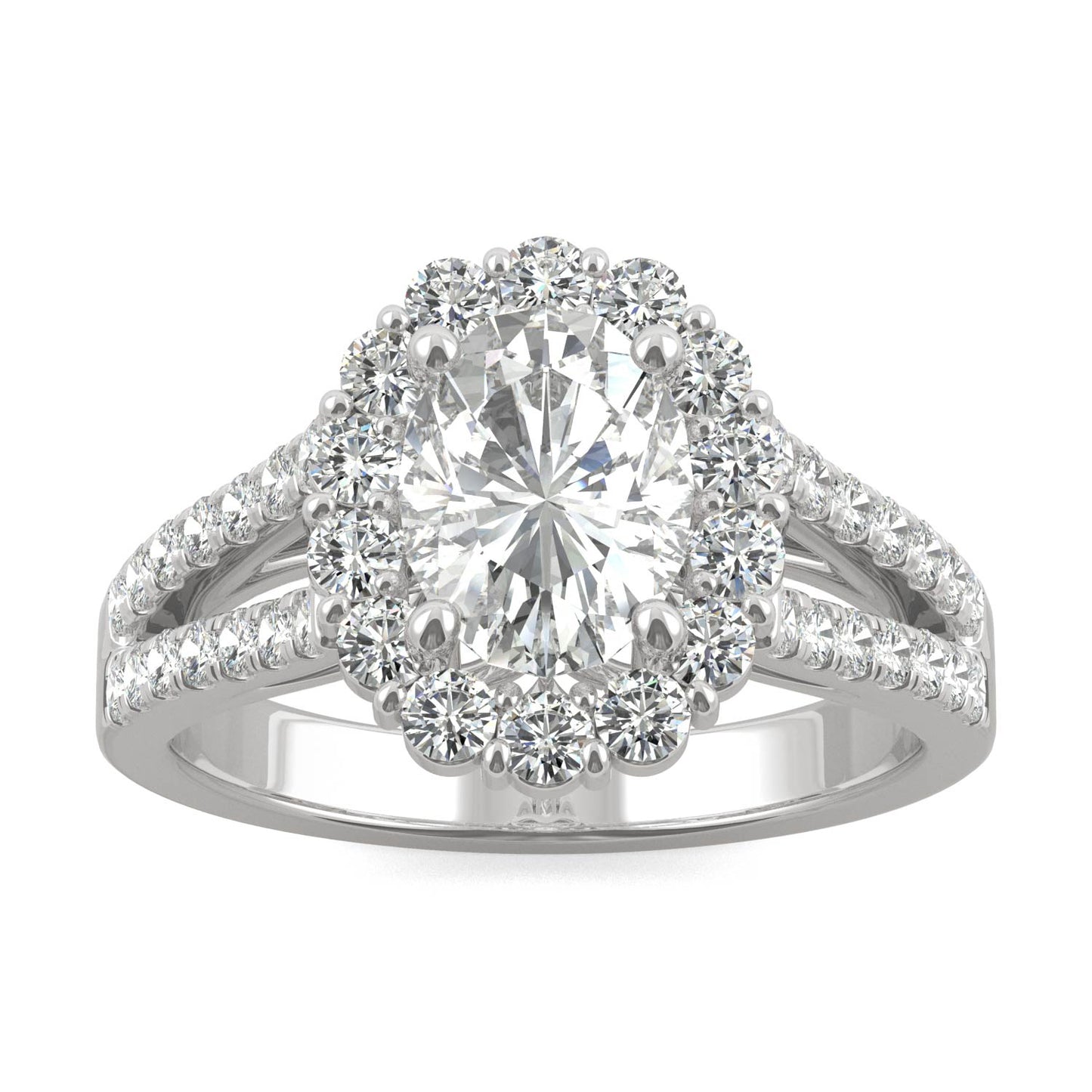 2.14 CTW DEW Oval Forever One Moissanite Signature Halo Split Shank Engagement Ring in 14K White Gold