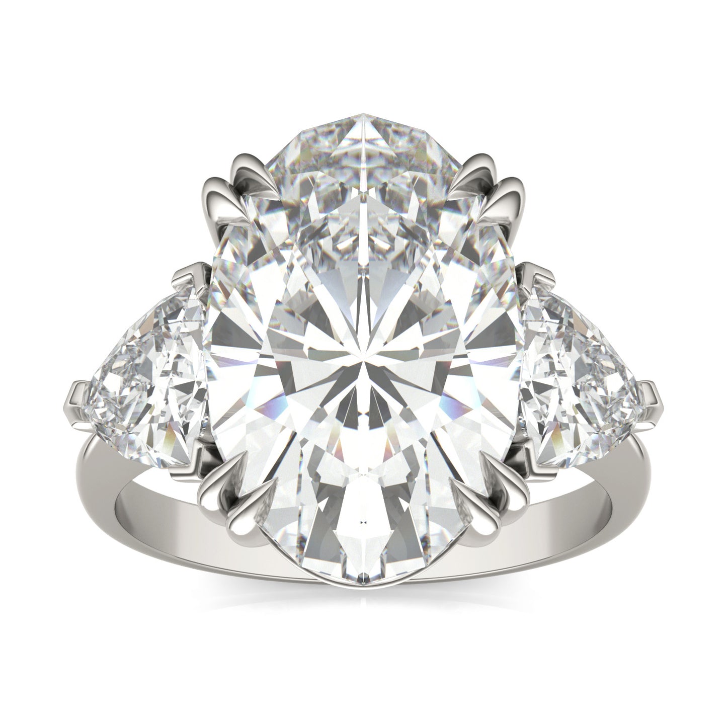 10.25 CTW DEW Elongated Oval Forever One Moissanite Three Stone Ring 18K White Gold, Color Grade D, Ring Size 7.0