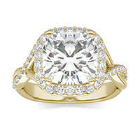 3.81 CTW DEW Cushion Forever One Moissanite Signature Twist Halo Engagement Ring 14K Yellow Gold