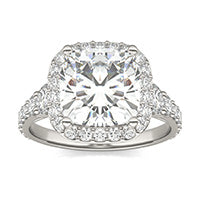 4.26 CTW DEW Cushion Forever One Moissanite Signature Graduated Side Stone Halo Engagement Ring 14K White Gold