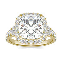4.26 CTW DEW Cushion Forever One Moissanite Signature Graduated Side Stone Halo Engagement Ring 14K Yellow Gold