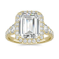 4.63 CTW DEW Emerald Forever One Moissanite Signature Graduated Side Stone Halo Engagement Ring 14K Yellow Gold
