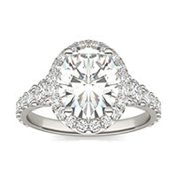 4.05 CTW DEW Oval Forever One Moissanite Signature Graduated Side Stone Halo Engagement Ring 14K White Gold