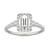 1.55 CTW DEW Emerald Forever One Moissanite Signature Graduated Side Stone Halo Engagement Ring 14K White Gold