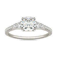 1.42 CTW DEW Cushion Forever One Moissanite Signature Graduated Side Stone Engagement Ring 14K White Gold