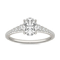 1.30 CTW DEW Oval Forever One Moissanite Signature Graduated Side Stone Engagement Ring 14K White Gold