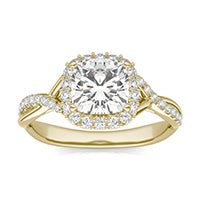 1.65 CTW DEW Cushion Forever One Moissanite Signature Twist Halo Engagement Ring 14K Yellow Gold