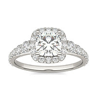 1.77 CTW DEW Cushion Forever One Moissanite Signature Graduated Side Stone Halo Engagement Ring 14K White Gold