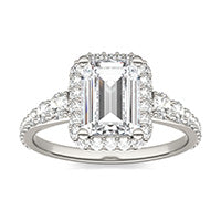 2.52 CTW DEW Emerald Forever One Moissanite Signature Graduated Side Stone Halo Engagement Ring 14K White Gold