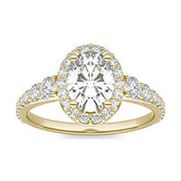 2.23 CTW DEW Oval Forever One Moissanite Signature Graduated Side Stone Halo Engagement Ring 14K Yellow Gold