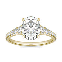 2.63 CTW DEW Oval Forever One Moissanite Signature Graduated Side Stone Engagement Ring 14K Yellow Gold