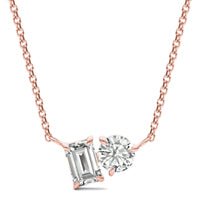 1.08 CTW DEW Emerald Forever One Moissanite Toi et Moi Necklace 14K Rose Gold