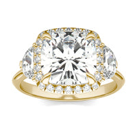 4.13 CTW DEW Cushion Forever One Moissanite Halo with Side Accents Ring 14K Yellow Gold