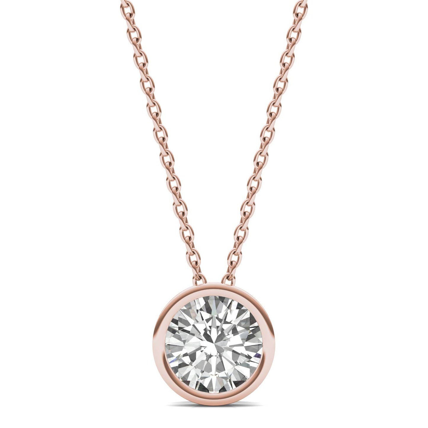 1.00 CTW DEW Round Forever One Moissanite Bezel Set Solitaire Pendant in 14K Rose Gold