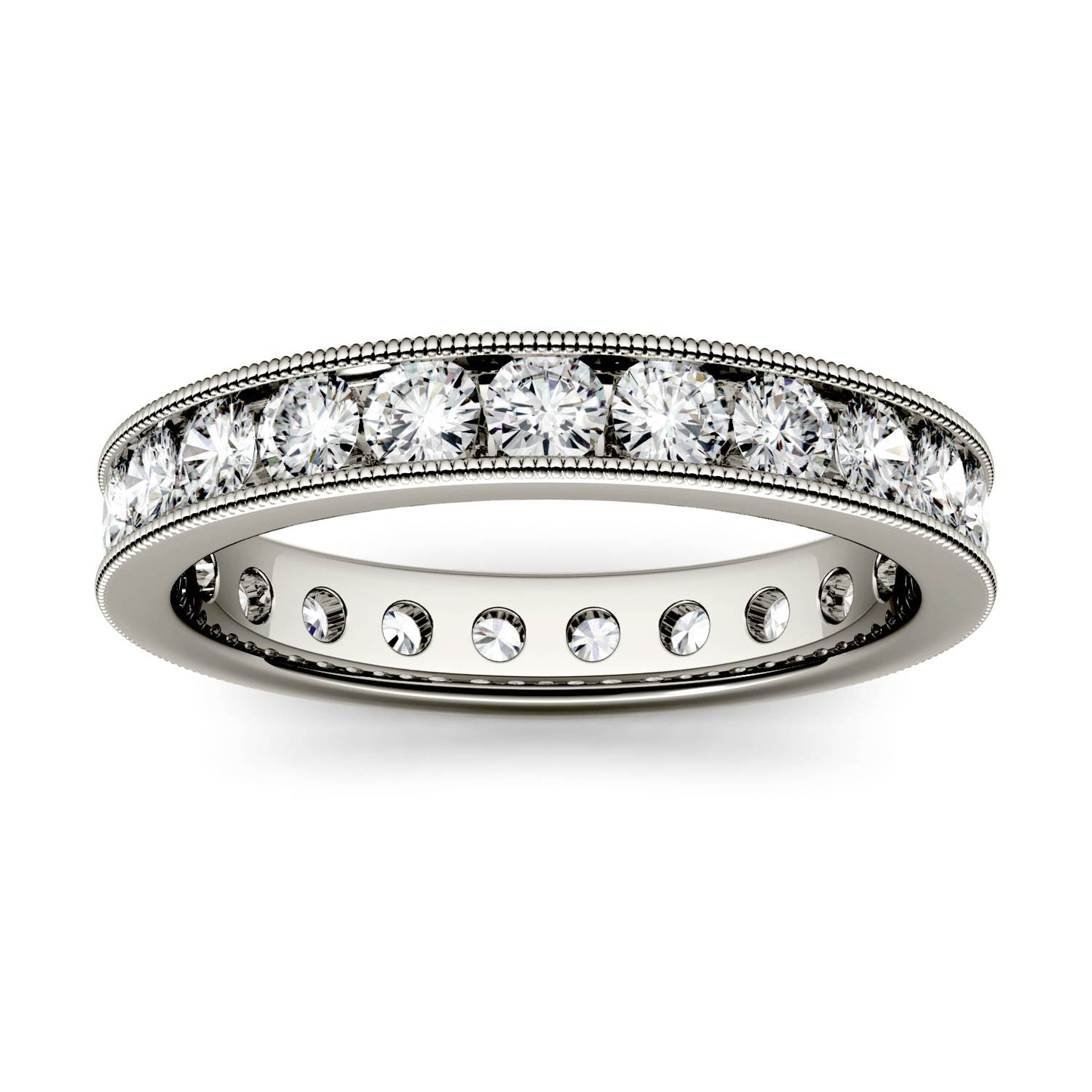 1.44 CTW DEW Round Forever One Moissanite Milgrain Channel Set Eternity Band in 14K White Gold