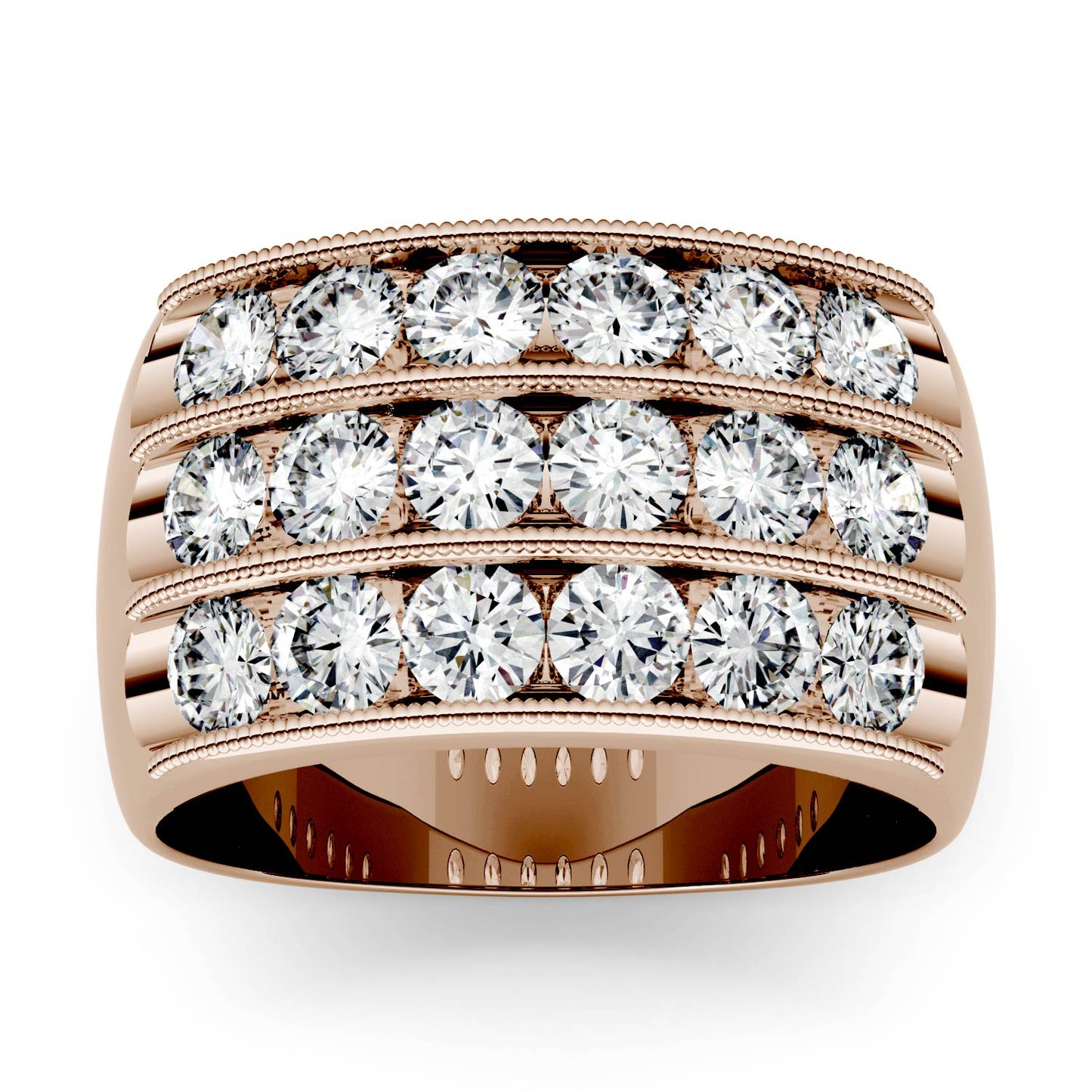 2.88 CTW DEW Round Forever One Moissanite Triple Row Anniversary Band in 14K Rose Gold