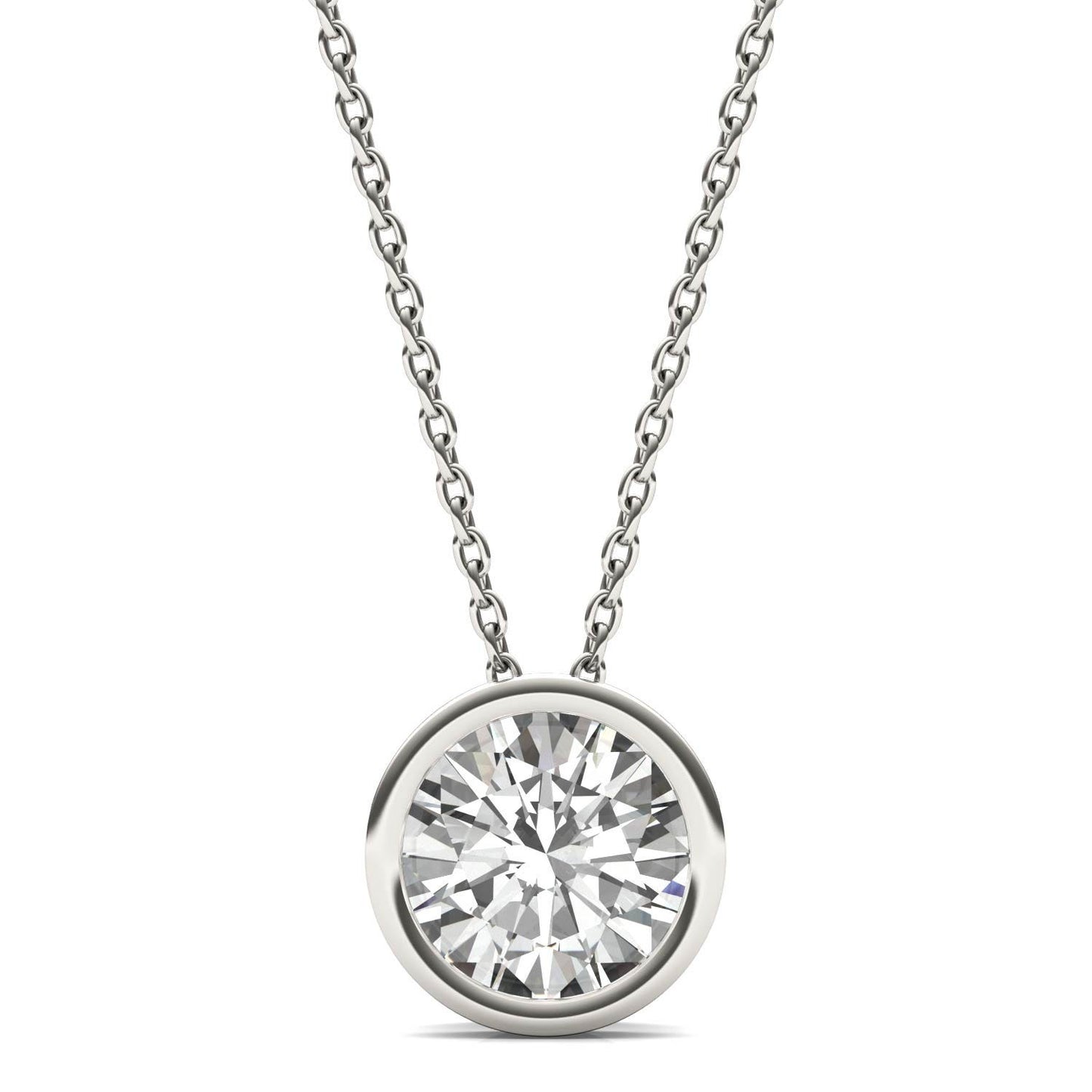 1.50 CTW DEW Round Forever One Moissanite Bezel Set Solitaire Pendant in 14K White Gold
