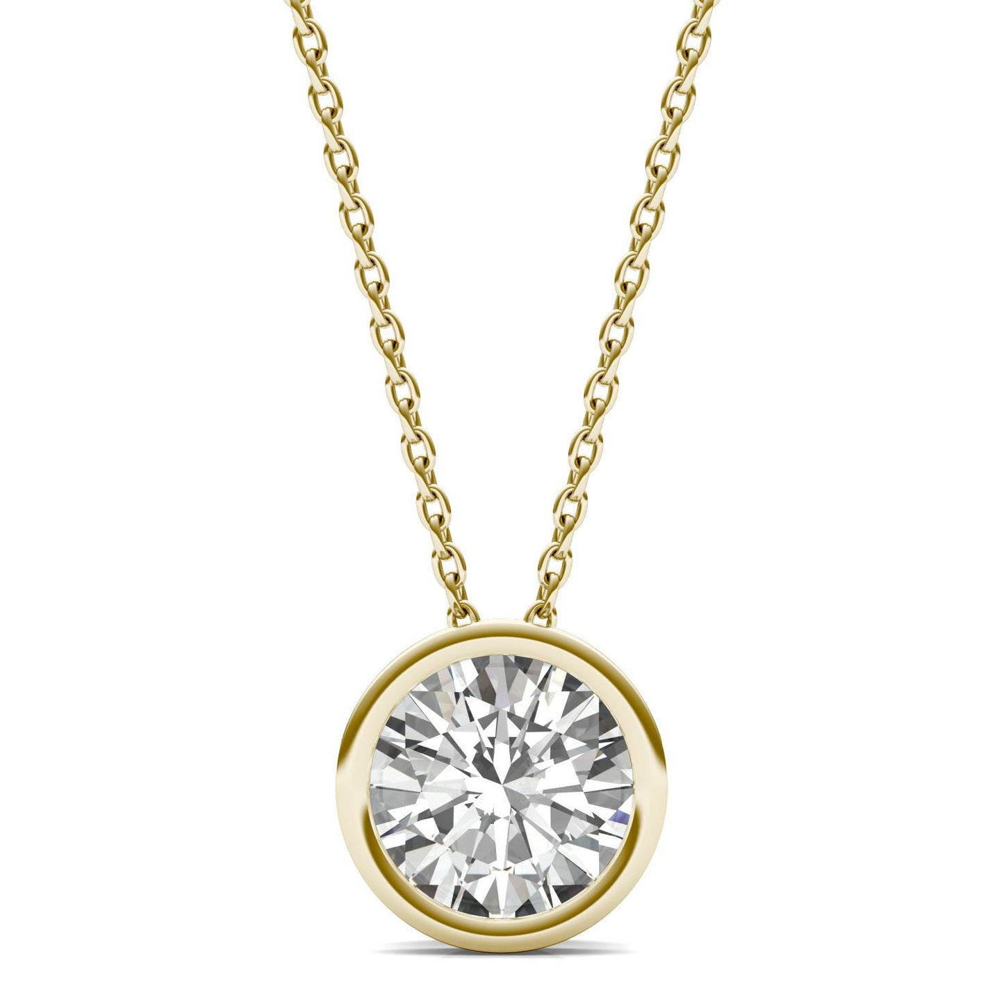 1.50 CTW DEW Round Forever One Moissanite Bezel Set Solitaire Pendant in 14K Yellow Gold