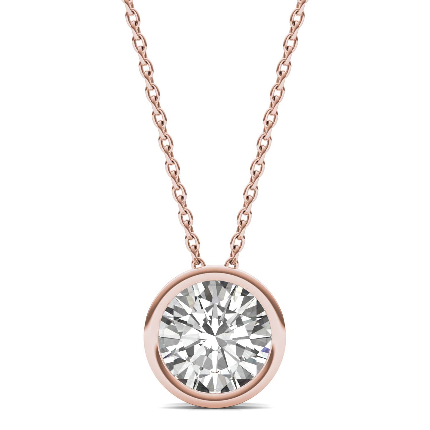 1.50 CTW DEW Round Forever One Moissanite Bezel Set Solitaire Pendant in 14K Rose Gold