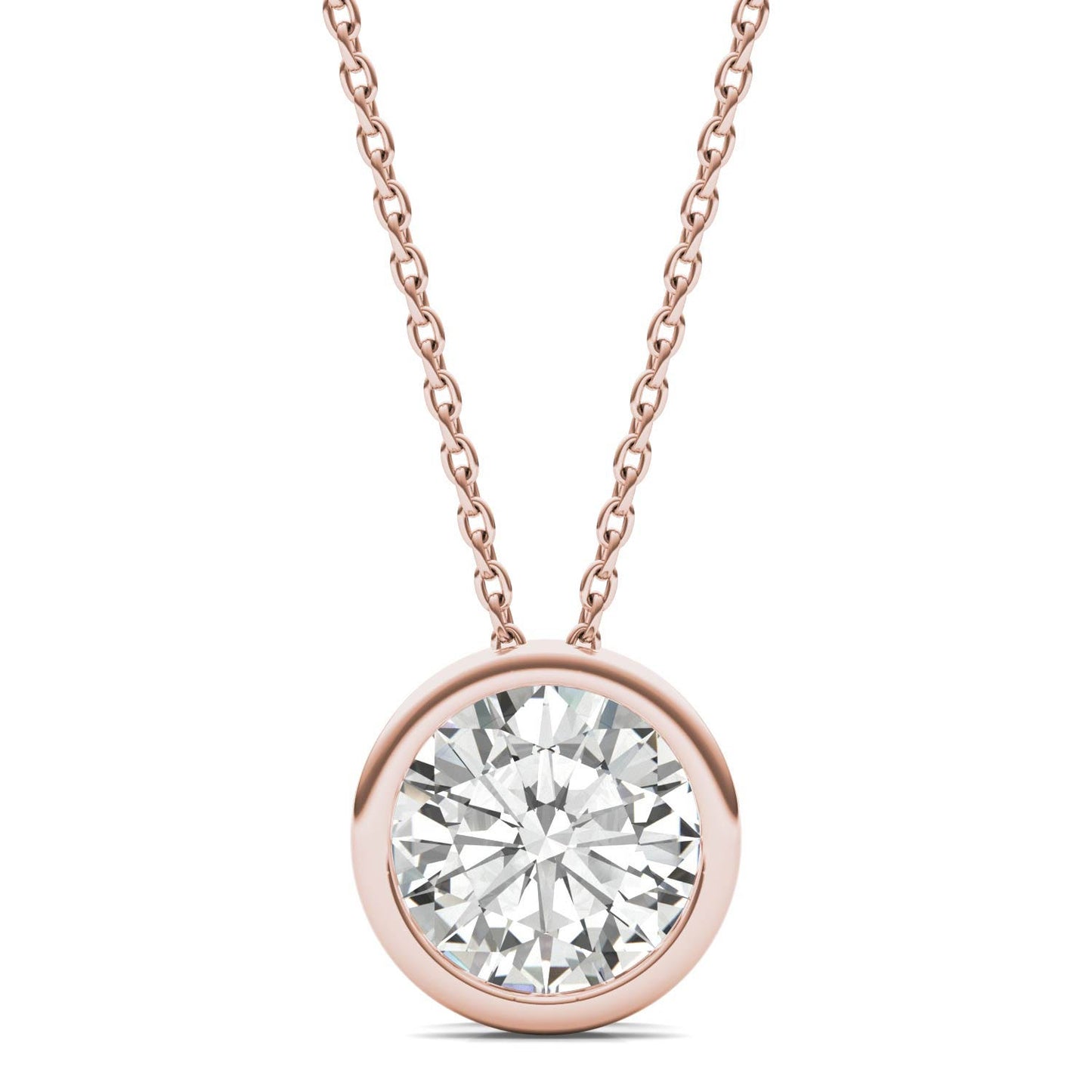 1.90 CTW DEW Round Forever One Moissanite Bezel Set Solitaire Pendant in 14K Rose Gold