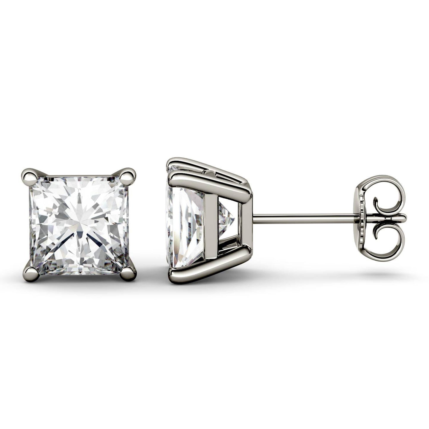 2.00 CTW DEW Princess Forever One Moissanite Four Prong Solitaire Stud Earrings in 14K White Gold