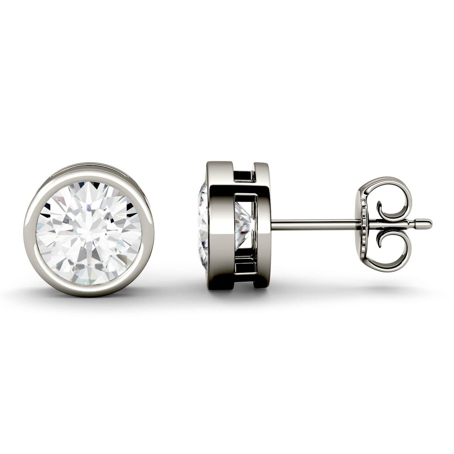 2.00 CTW DEW Round Forever One Moissanite Bezel Set Stud Earrings in 14K White Gold