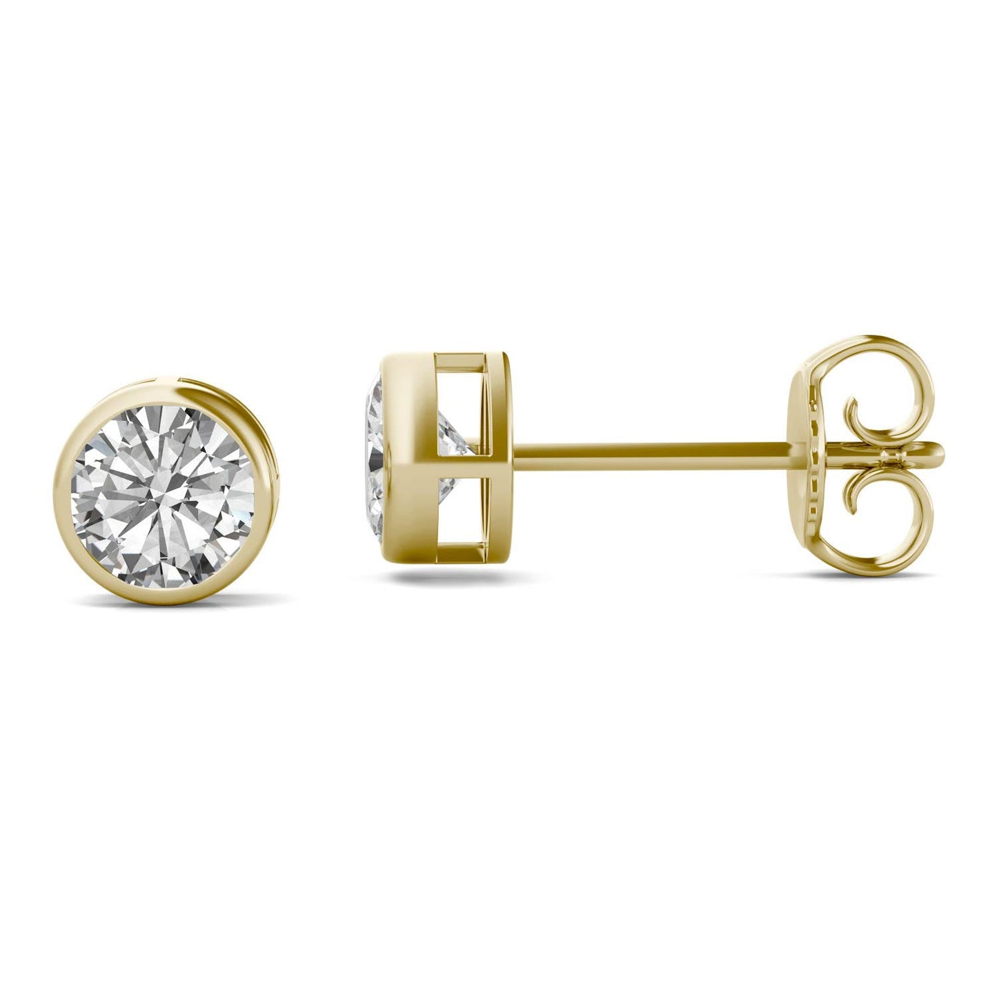 1.00 CTW DEW Round Forever One Moissanite Bezel Set Stud Earrings in 14K Yellow Gold