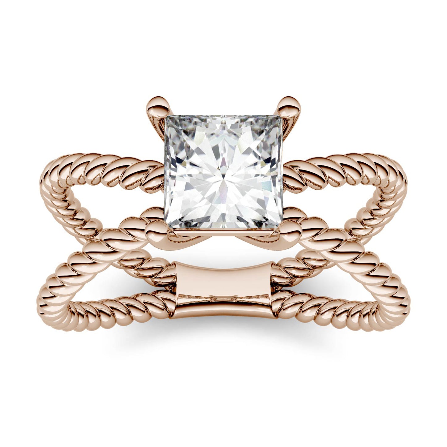 1.00 CTW DEW Square Forever One Moissanite Split Shank Solitaire Fashion Ring in 14K Rose Gold
