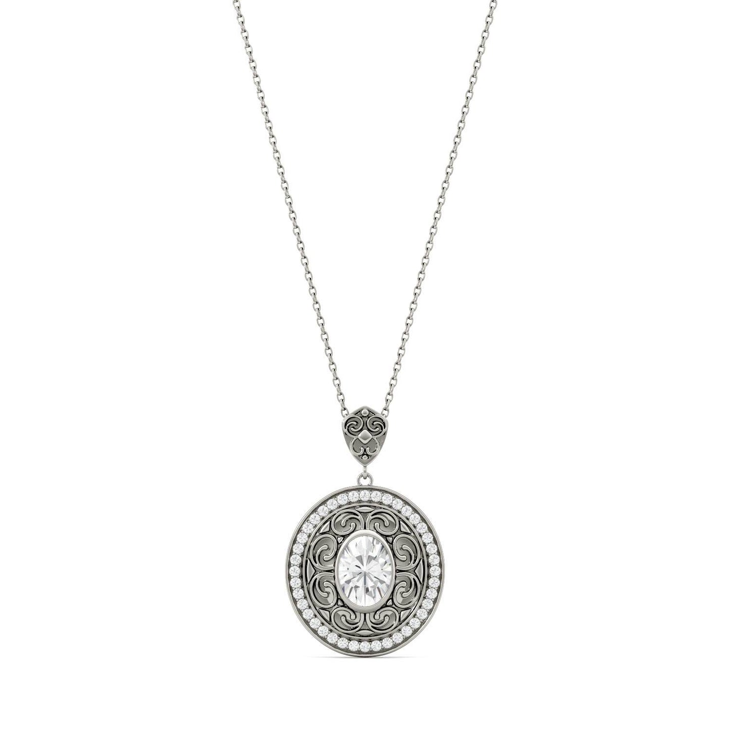 1.70 CTW DEW Oval Forever One Moissanite Oval with Scroll Detail Necklace in 14K White Gold