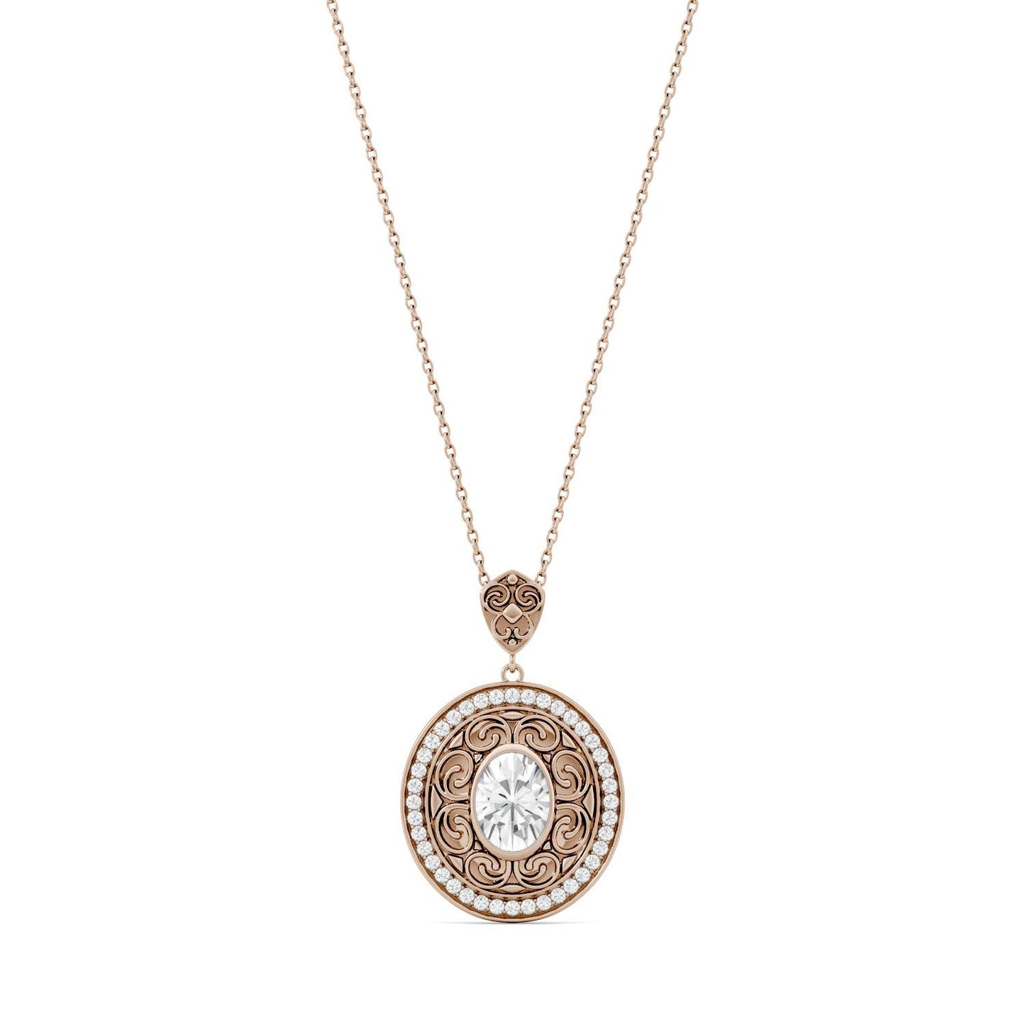 1.70 CTW DEW Oval Forever One Moissanite Oval with Scroll Detail Necklace in 14K Rose Gold