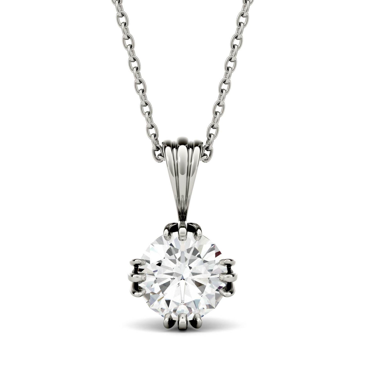 1.00 CTW DEW Round Forever One Moissanite Tripe Prong Solitaire Pendant in 14K White Gold