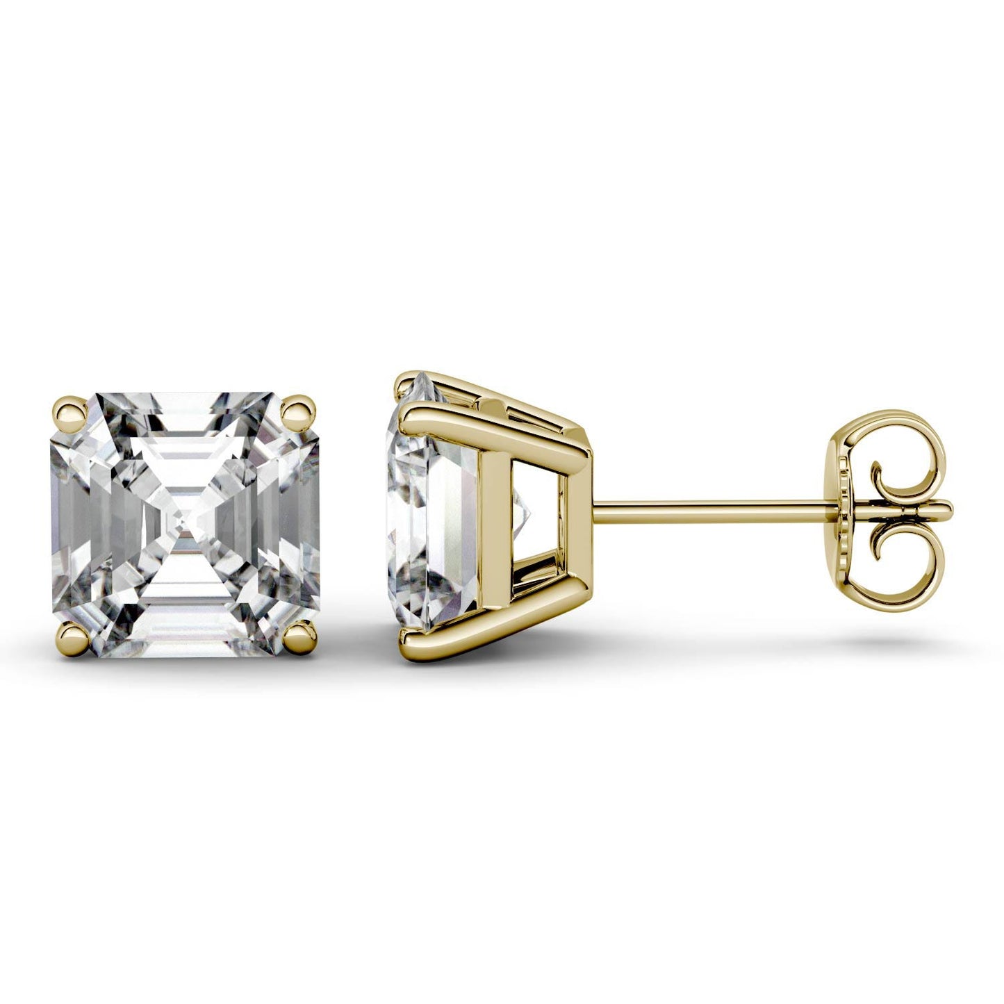 2.60 CTW DEW Asscher Forever One Moissanite Four Prong Solitaire Stud Earrings in 14K Yellow Gold