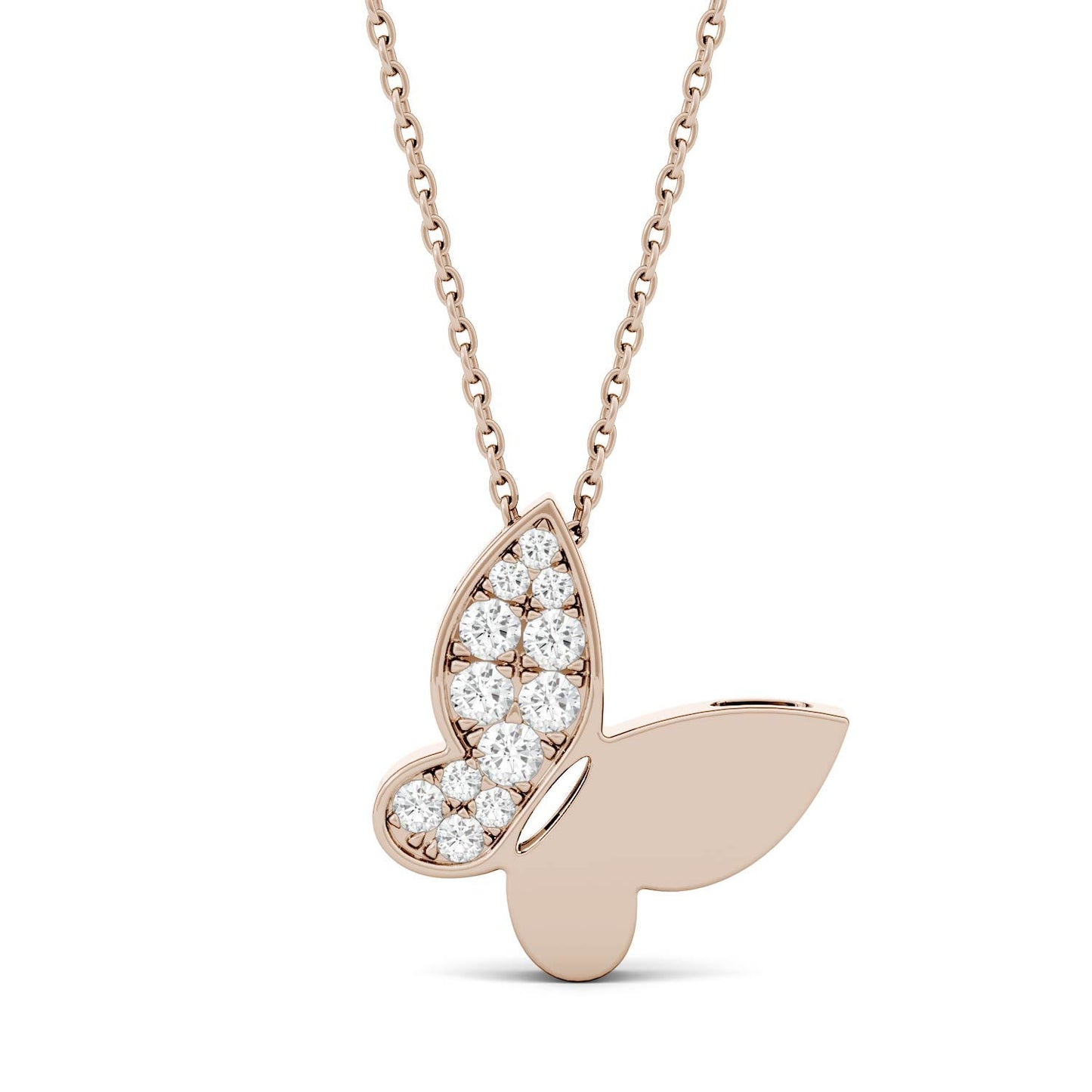 0.15 CTW DEW Round Forever One Moissanite Butterfly Necklace in 14K Rose Gold