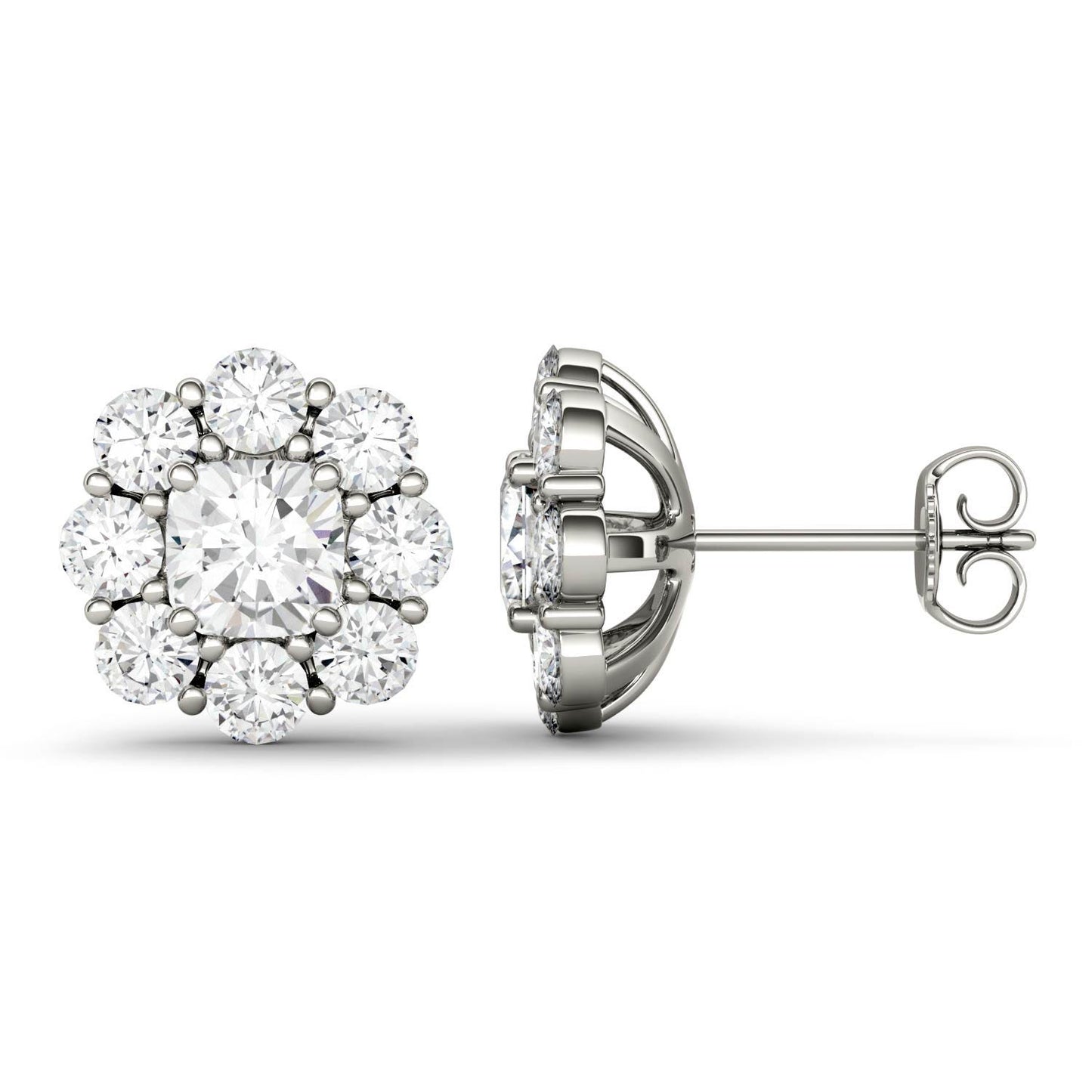 3.20 CTW DEW Cushion Forever One Moissanite Halo Floral Stud Earrings in 14K White Gold
