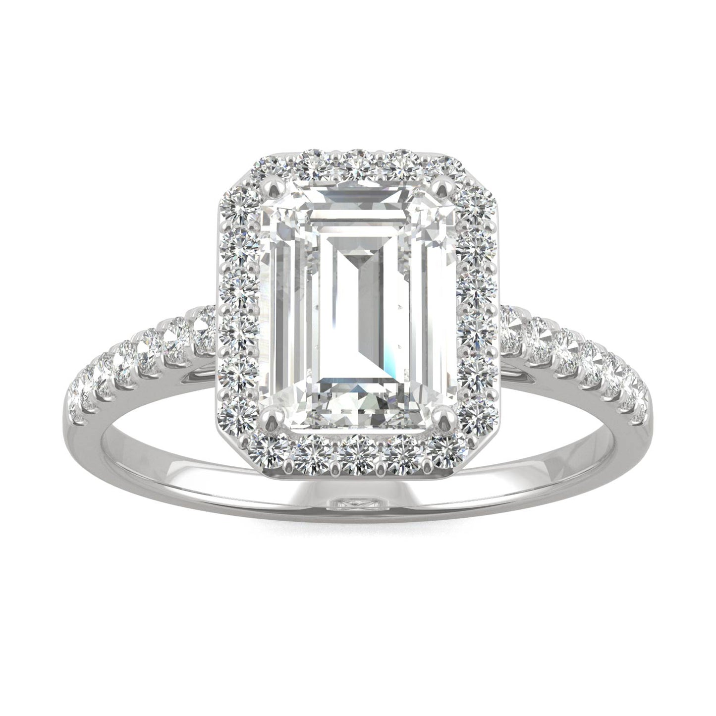 2.04 CTW DEW Emerald Forever One Moissanite Halo with Side Accents Engagement Ring in 14K White Gold