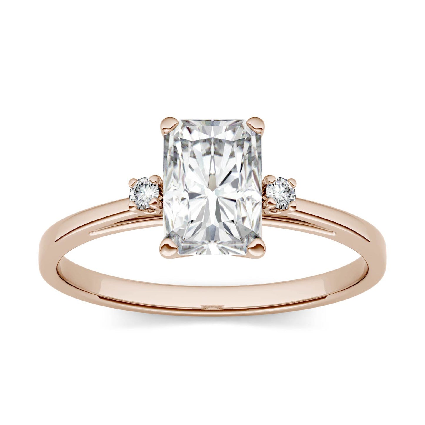 1.24 CTW DEW Radiant Forever One Moissanite Solitaire with Side Accents Engagement Ring in 14K Rose Gold