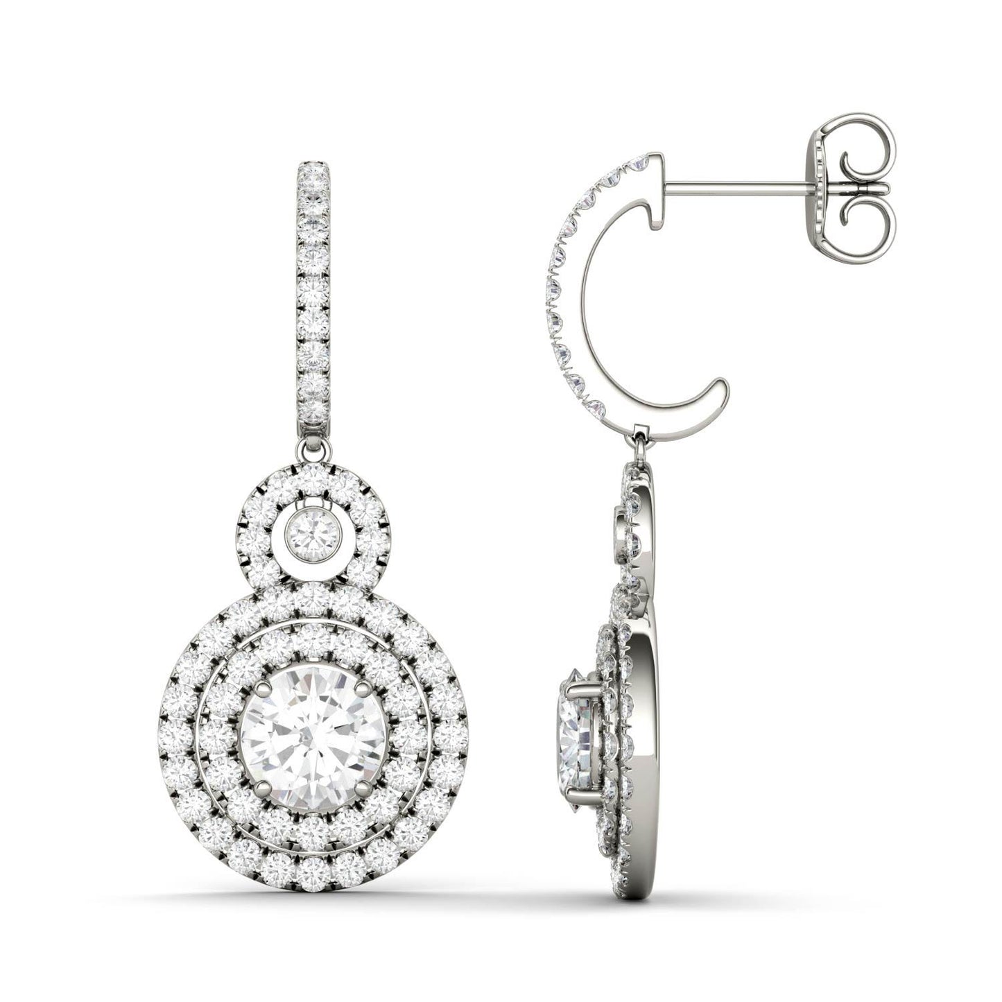 2.82 CTW DEW Round Forever One Moissanite Double Halo Drop Earrings in 14K White Gold